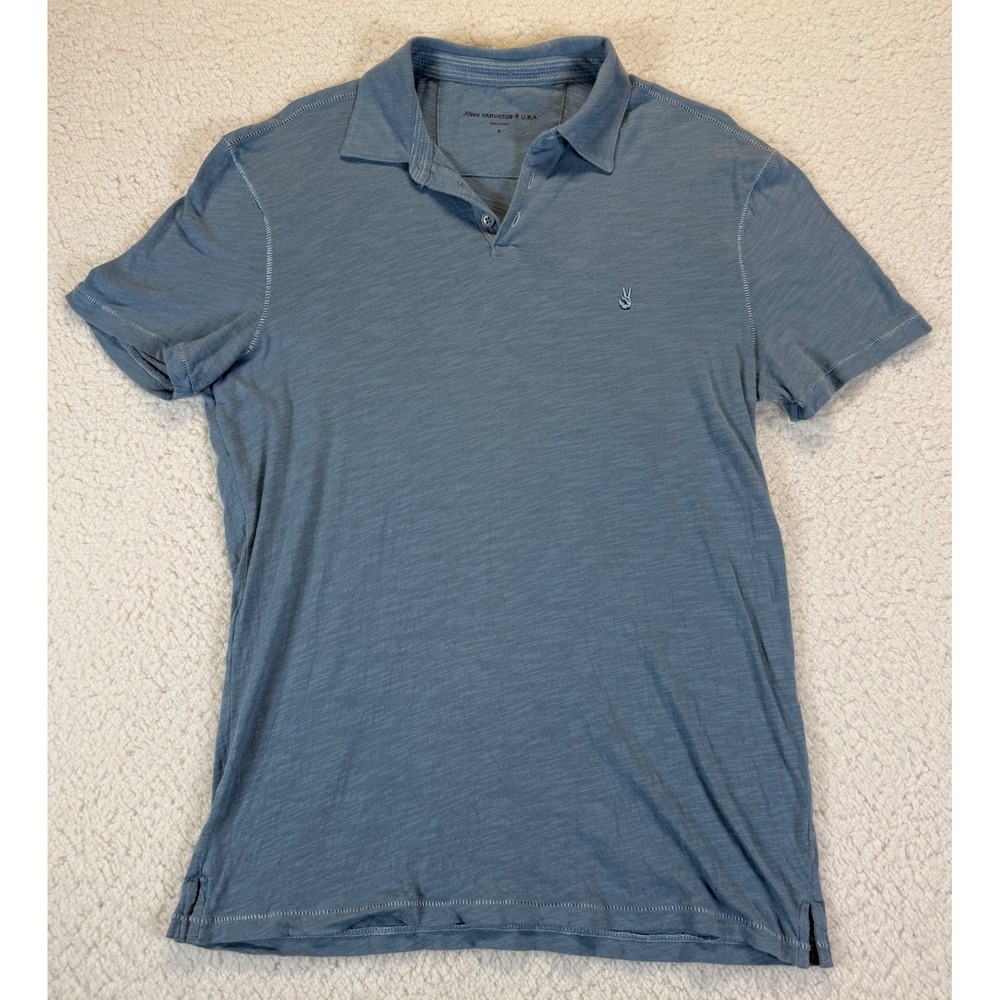 John Varvatos USA Mens Blue Slub Cotton Peace Sign Logo Polo Shirt S - Picture 1 of 7